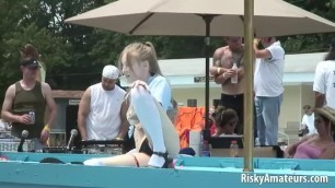 Amateur Blonde is on the Stage Teasing the Crowd