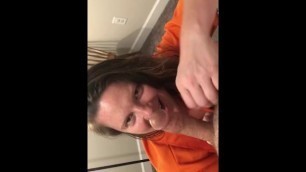 Female Inmate with Big Tits gives Deepthroat Blowjob