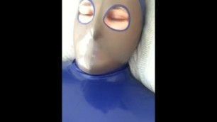 Jerking off in Blue Neck Entry Catsuit